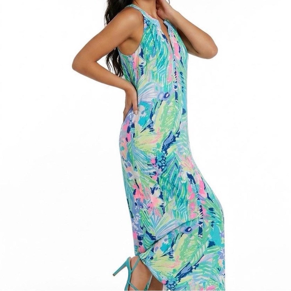 Lilly Pulitzer M Silk Print Maxi Dress in Aqua & Coral